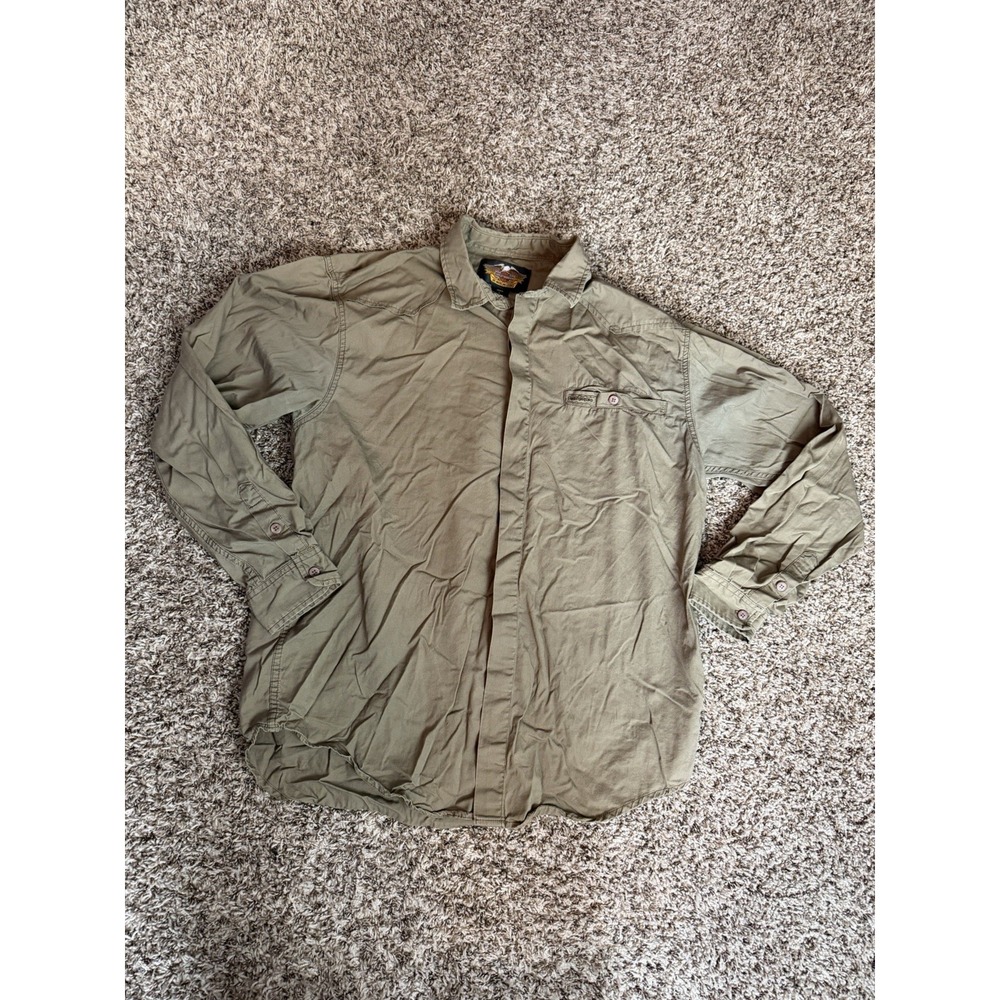 Harley Davidson Button Up Shirt Embroidered Long Sleeve Sz L Heavy Tan